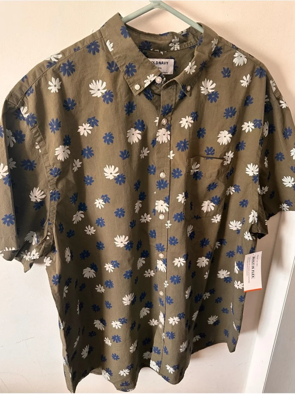 Old Navy Olive Green Short-Sleeve Floral Button-Up Shirt - Picture 1 of 7